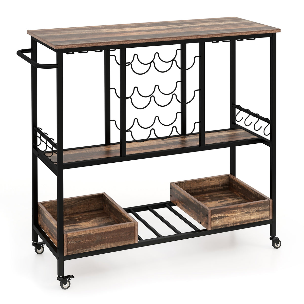 3-Tier Bar Cart On Wheels With Glass Racks, Brown Baker's Racks at Gallery Canada