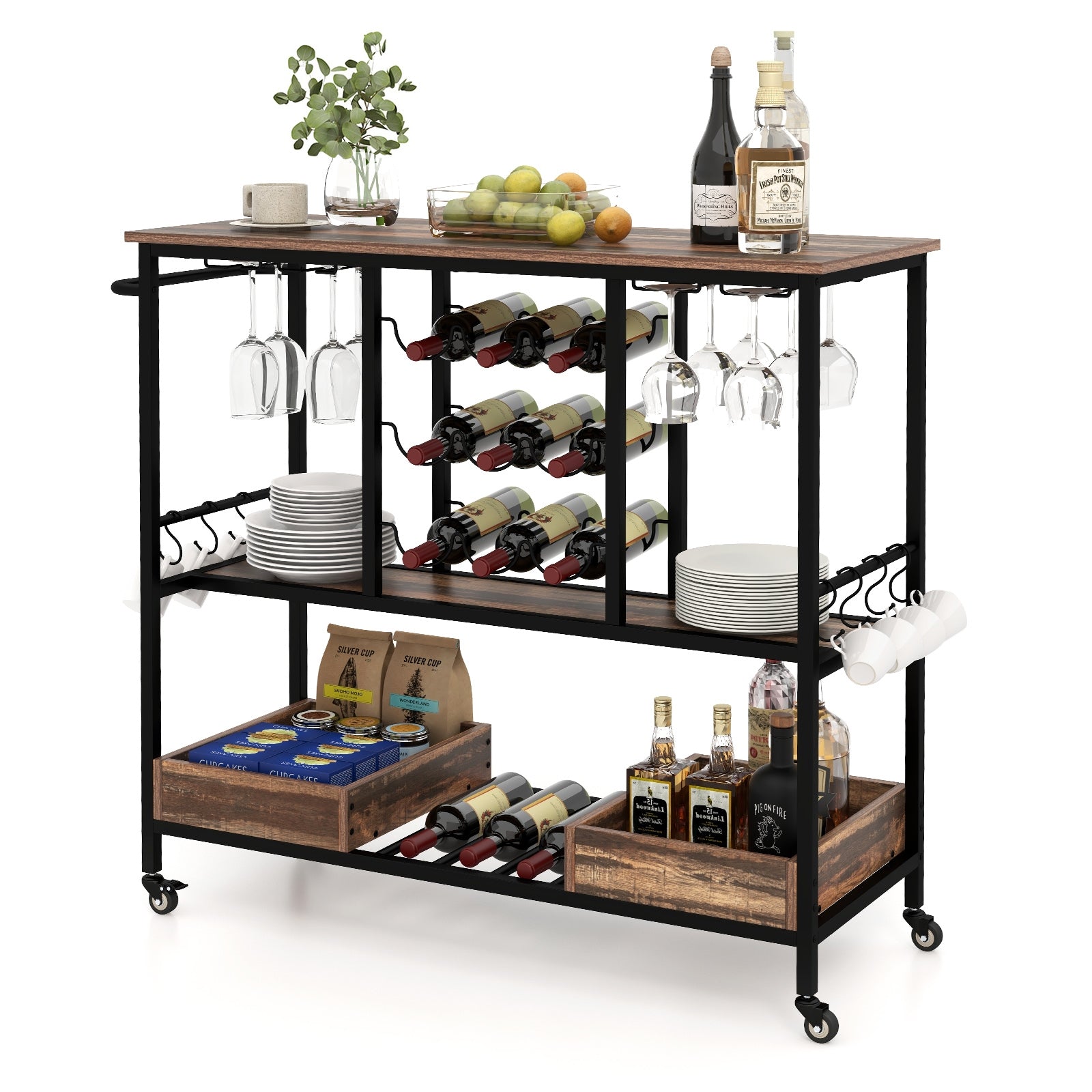 3-Tier Bar Cart On Wheels With Glass Racks, Brown Baker's Racks at Gallery Canada