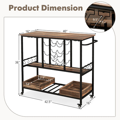 3-Tier Bar Cart On Wheels With Glass Racks, Brown Baker's Racks at Gallery Canada