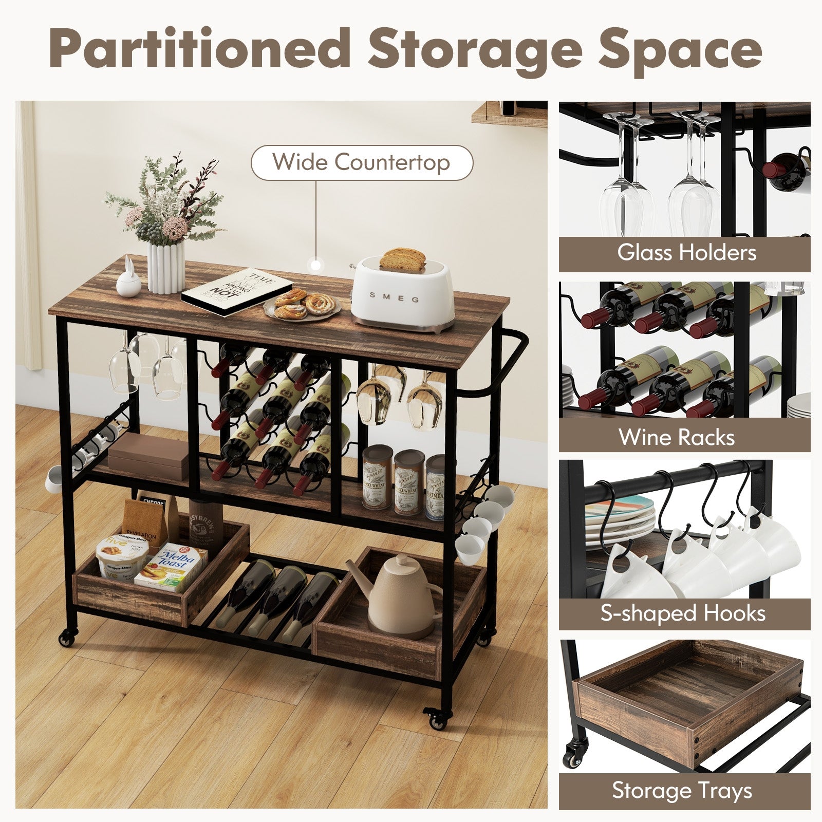 3-Tier Bar Cart On Wheels With Glass Racks, Brown Baker's Racks at Gallery Canada