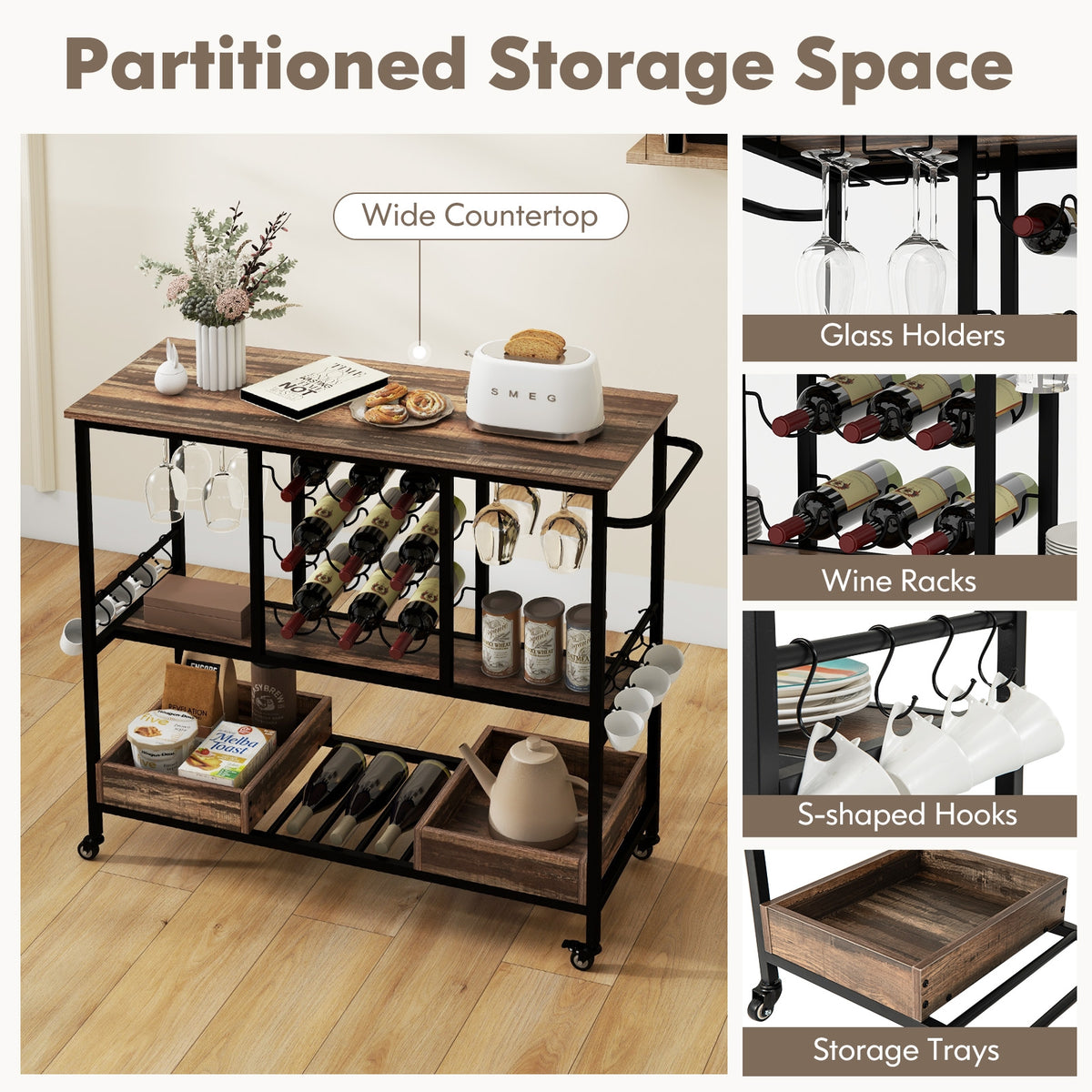3-Tier Bar Cart On Wheels With Glass Racks, Brown Baker's Racks at Gallery Canada