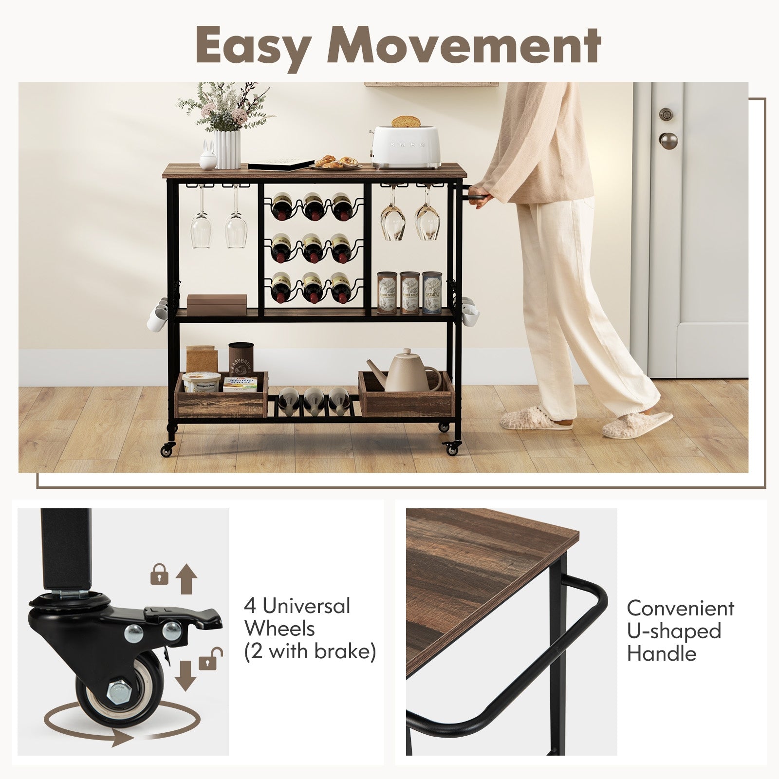 3-Tier Bar Cart On Wheels With Glass Racks, Brown Baker's Racks at Gallery Canada