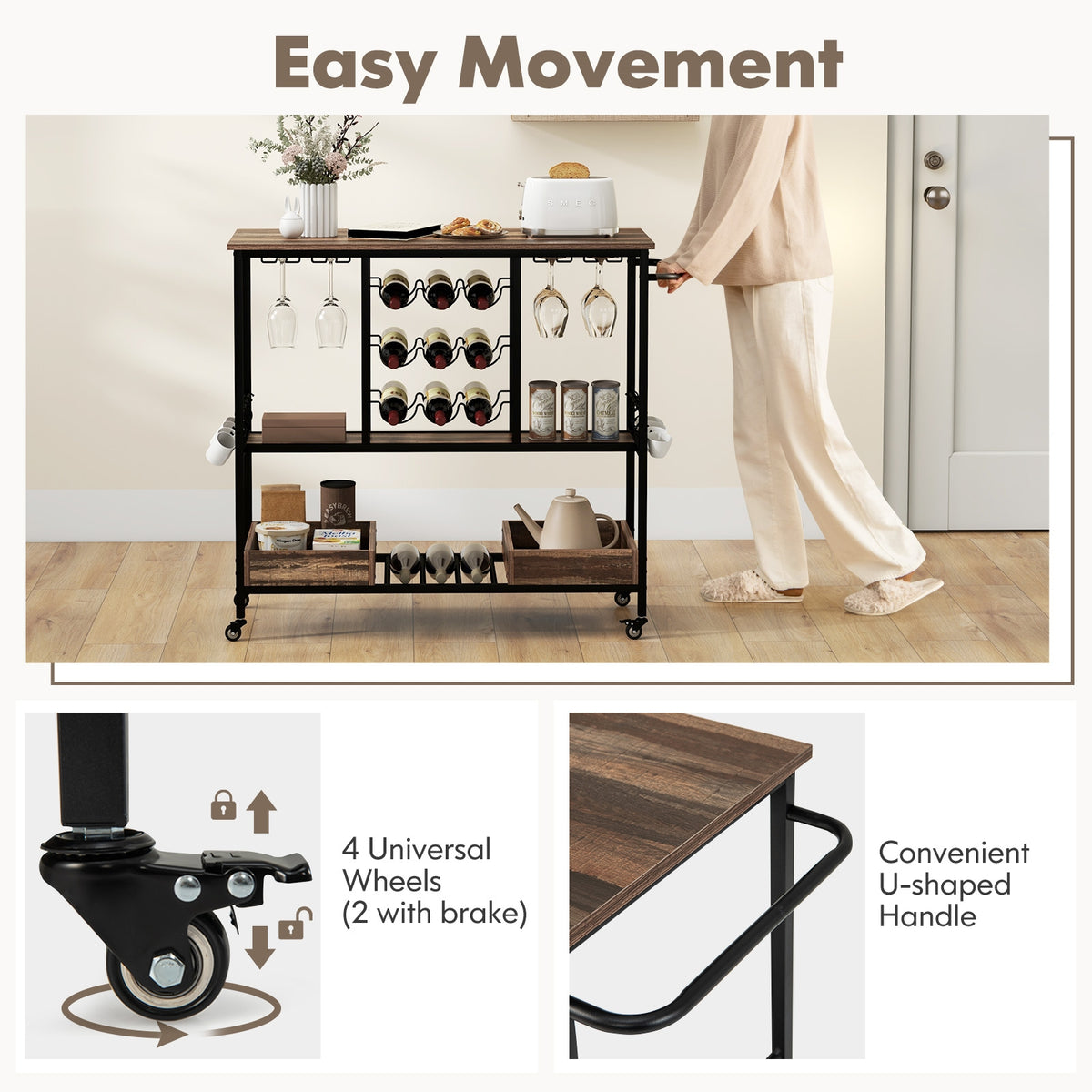 3-Tier Bar Cart On Wheels With Glass Racks, Brown Baker's Racks at Gallery Canada