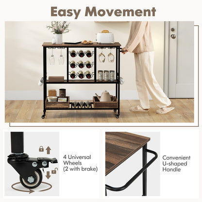 3-Tier Bar Cart On Wheels With Glass Racks, Brown Baker's Racks at Gallery Canada