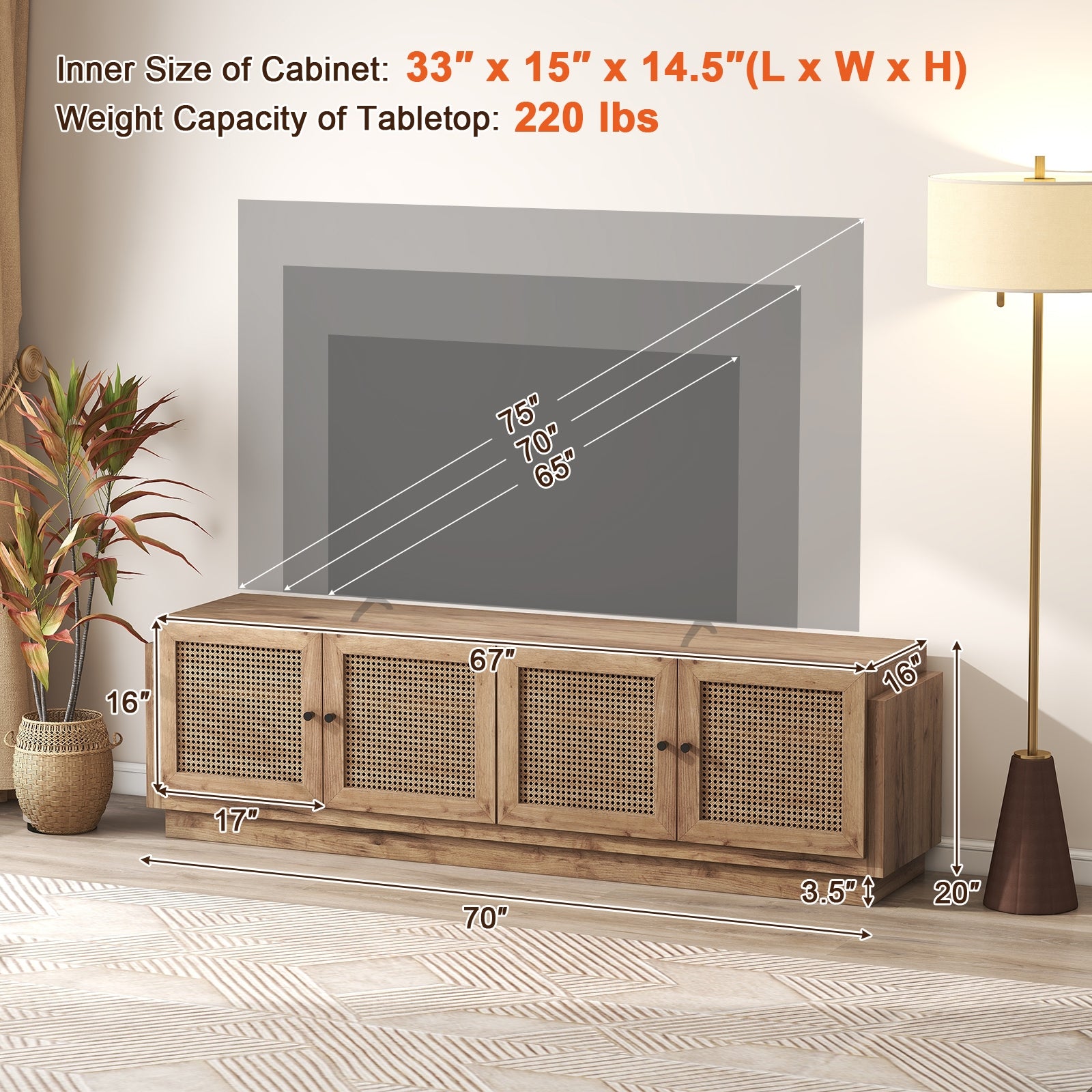 Farmhouse TV Stand For 75 Inch TVs, 2 Cabinets, Oak Entertainment Centers & TV Stands at Gallery Canada