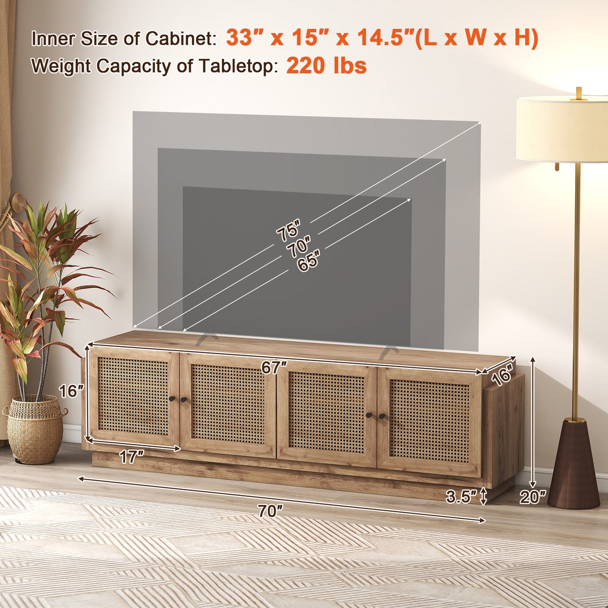 Farmhouse TV Stand For 75 Inch TVs, 2 Cabinets, Oak Entertainment Centers & TV Stands at Gallery Canada