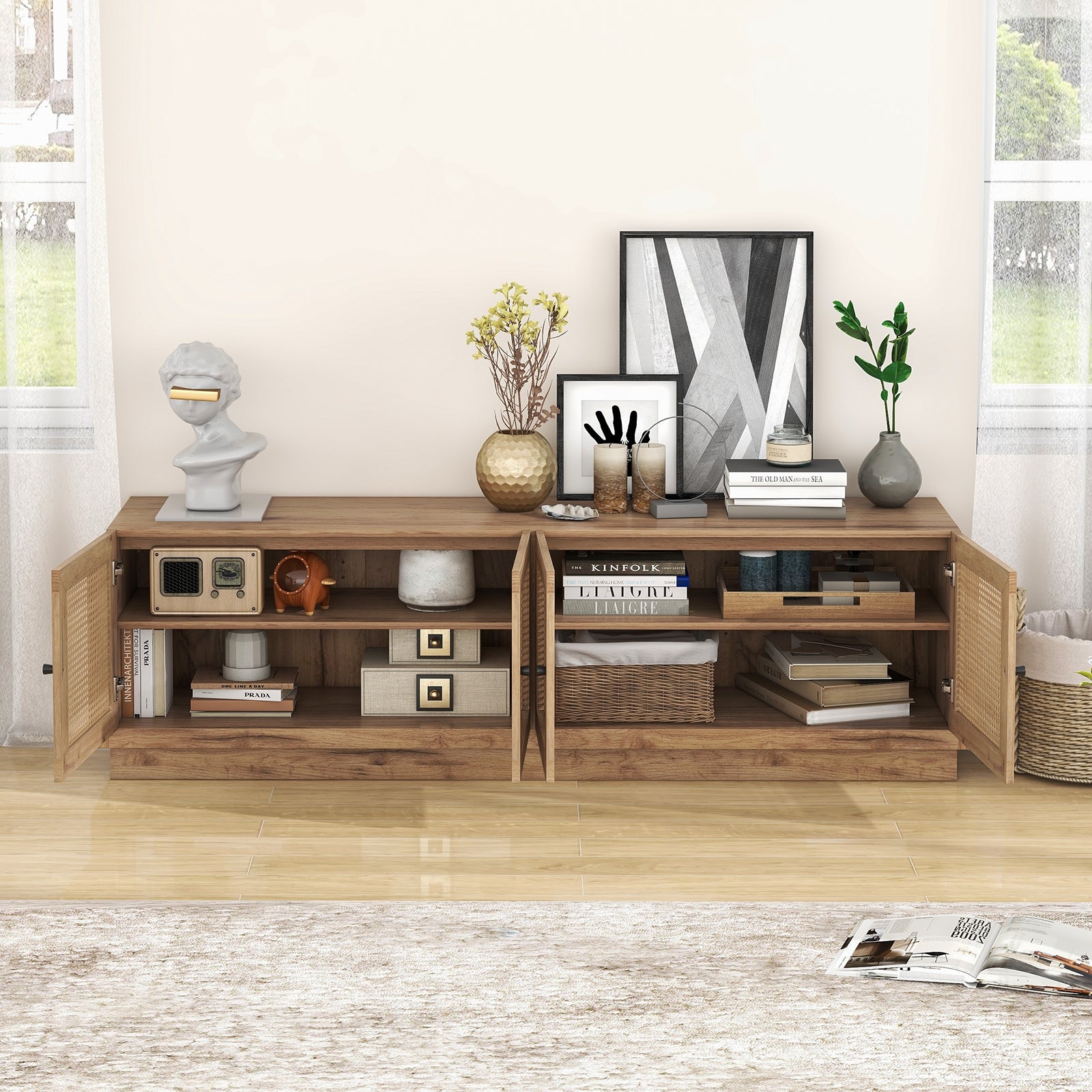 Farmhouse TV Stand For 75 Inch TVs, 2 Cabinets, Oak Entertainment Centers & TV Stands at Gallery Canada