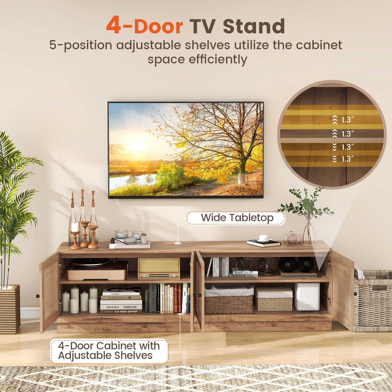 Farmhouse TV Stand For 75 Inch TVs, 2 Cabinets, Oak Entertainment Centers & TV Stands at Gallery Canada