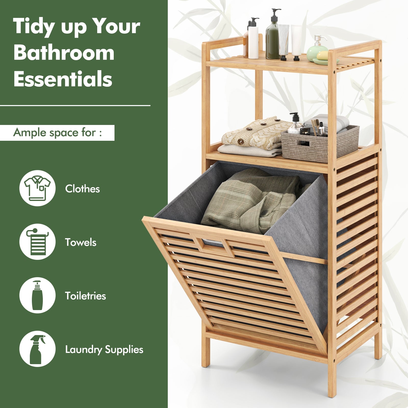 Bamboo Tilt Out Laundry Hamper, Foldable Removable Basket, Gray Laundry Baskets at Gallery Canada