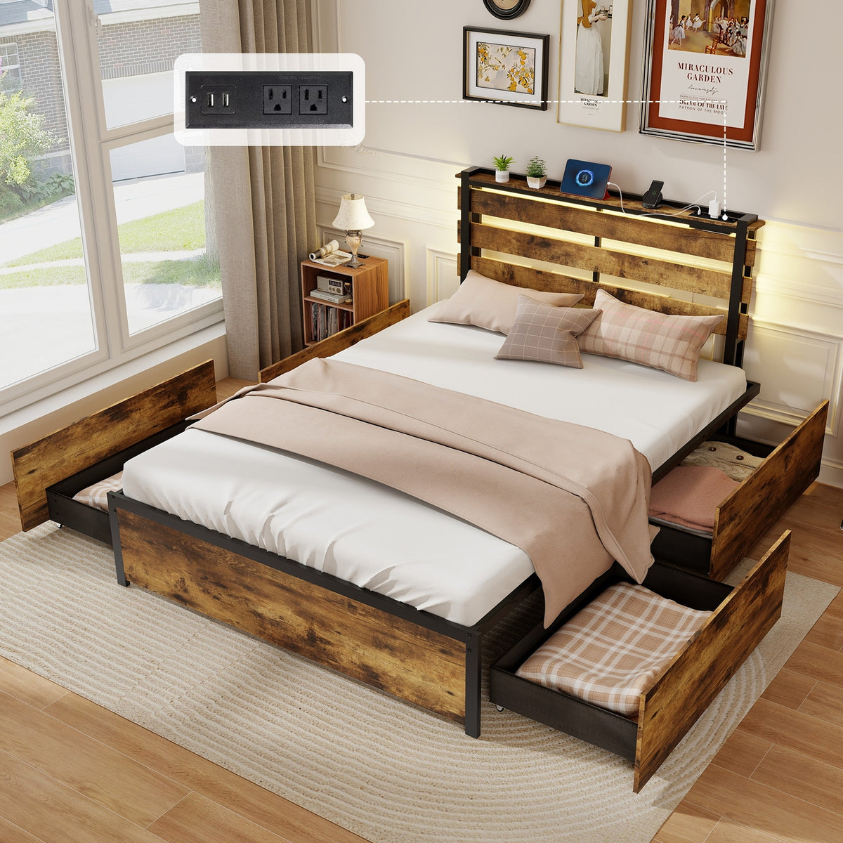 Full Size Bed Frame With Drawers, LED Lights, USB Ports Simple Bed Frame at Gallery Canada