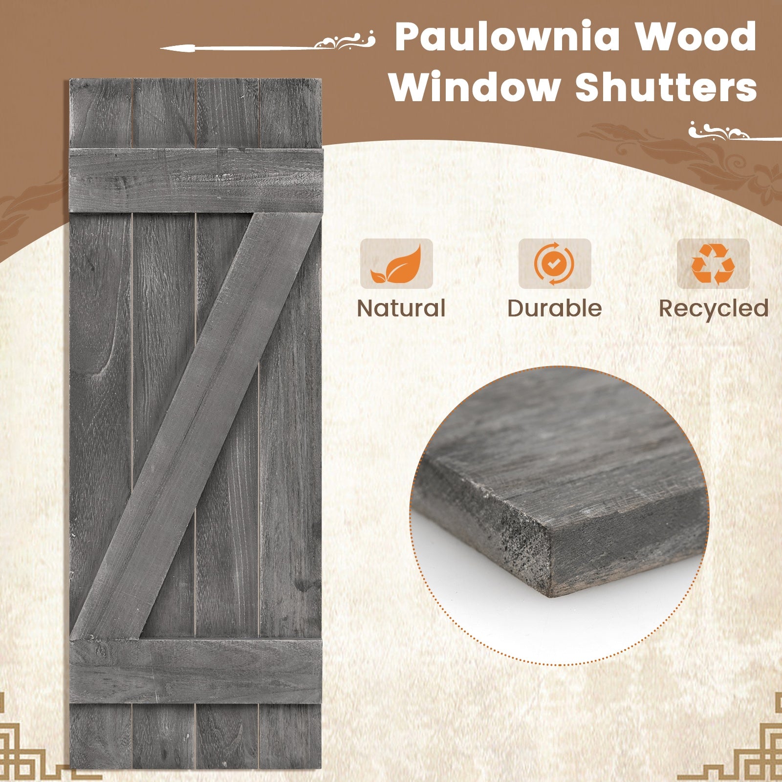 36 x 13 Inch Window Shutters Set of 2, Farmhouse Paulownia Wood, Dark Gray Decorative Accessories at Gallery Canada