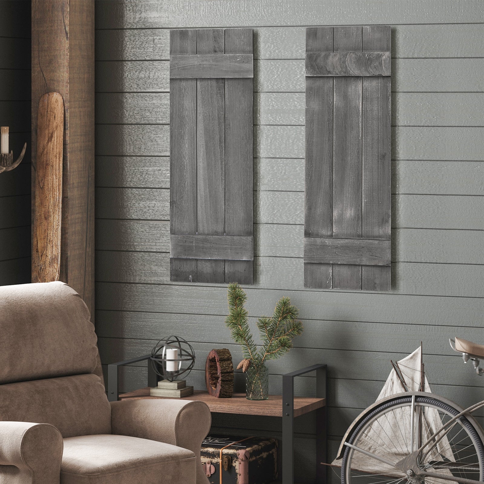 36 x 11 Inch Farmhouse Paulownia Wood Window Shutters, Set of 2, Dark Gray Decorative Accessories at Gallery Canada