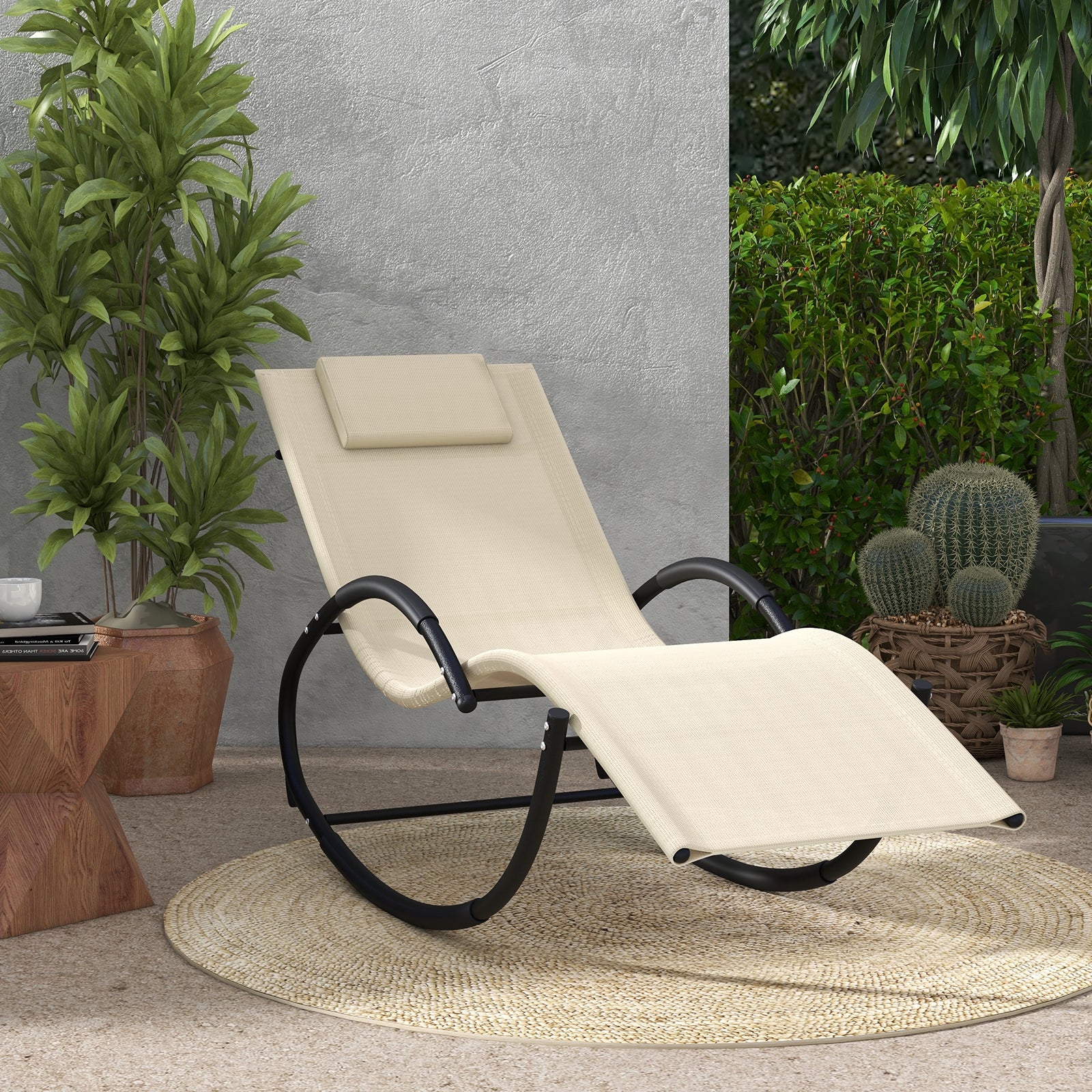 Outdoor Rocking Lounge Chair, Removable Headrest, Beige Patio Rocking Chairs & Gliders at Gallery Canada