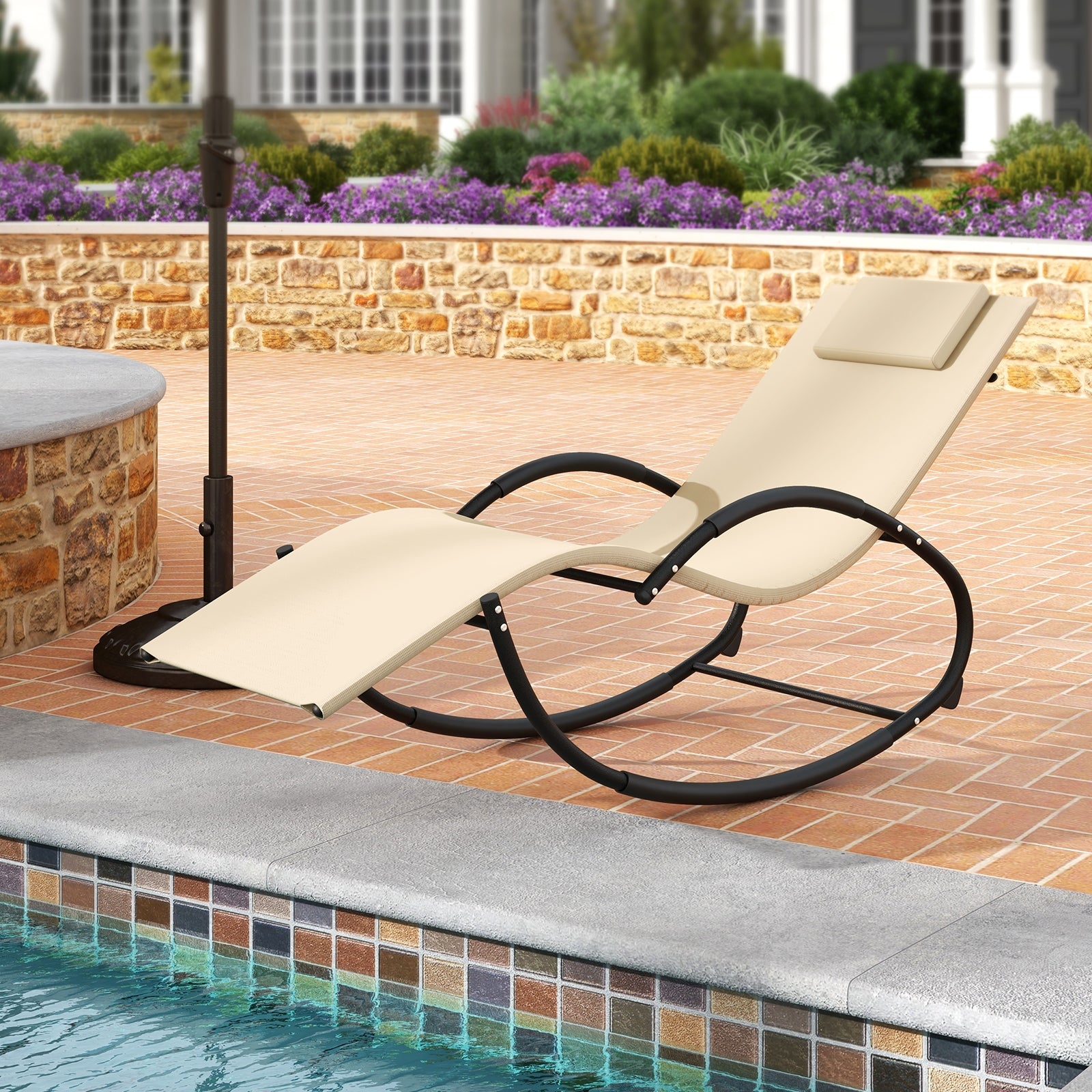 Outdoor Rocking Lounge Chair, Removable Headrest, Beige Patio Rocking Chairs & Gliders at Gallery Canada