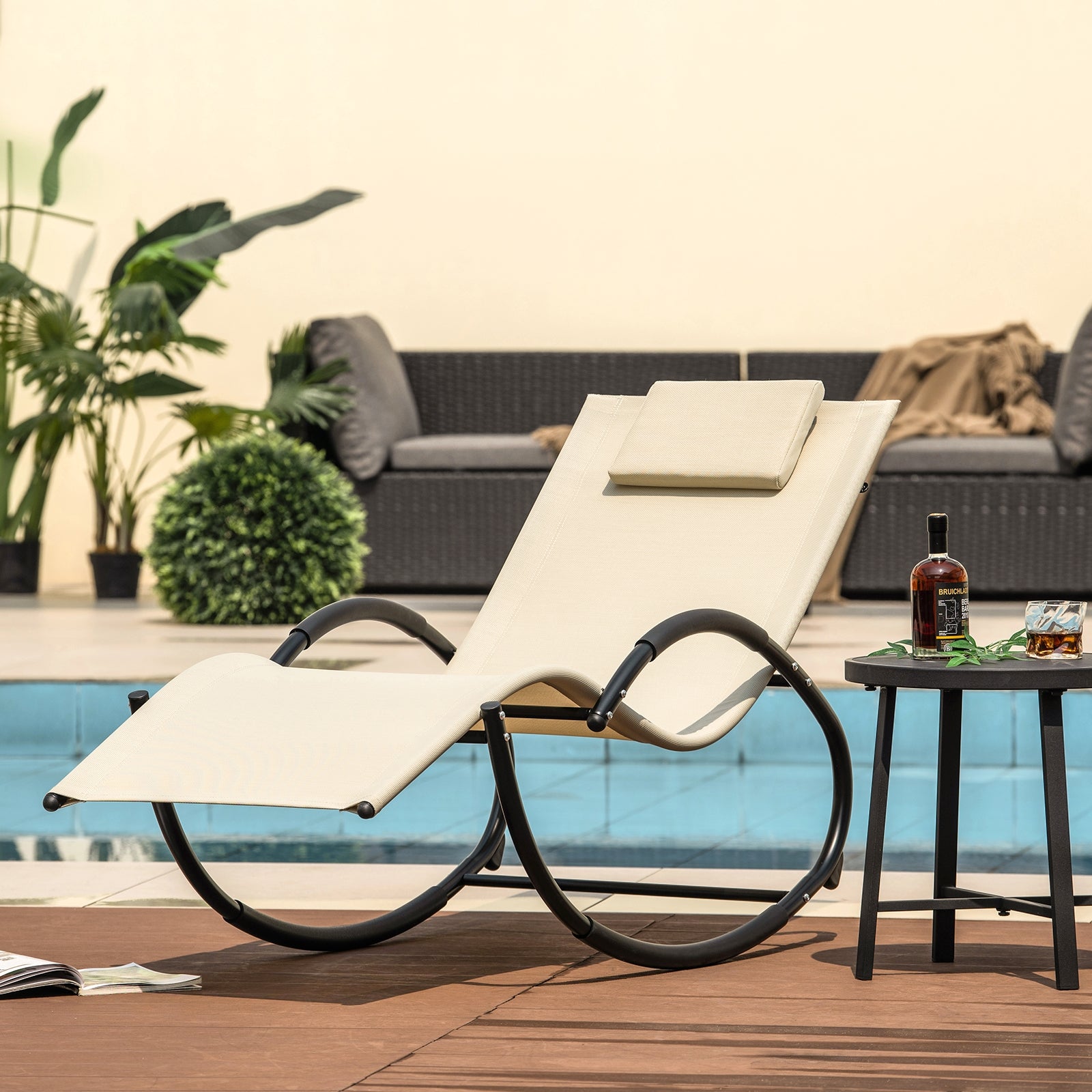 Outdoor Rocking Lounge Chair, Removable Headrest, Beige Patio Rocking Chairs & Gliders at Gallery Canada
