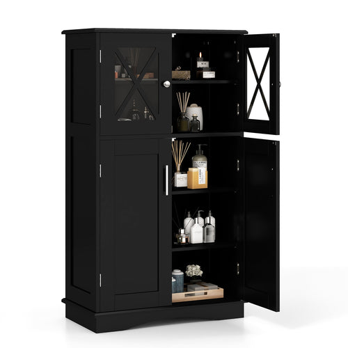 4 Door Freestanding Bathroom Floor Cabinet, Adjustable Shelves, Black