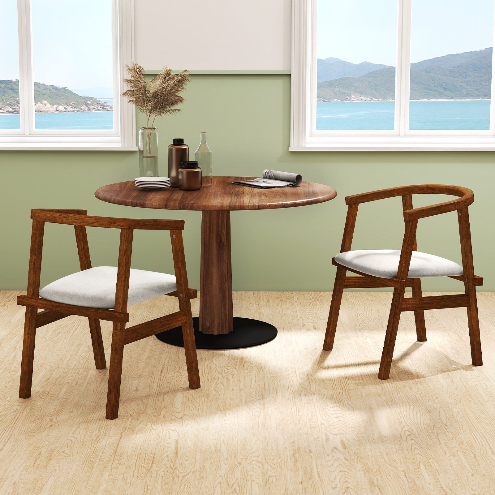 Set Of 2 Solid Rubber Wood Dining Chairs, Wrap-Around Armrest, Walnut Dining Chairs at Gallery Canada