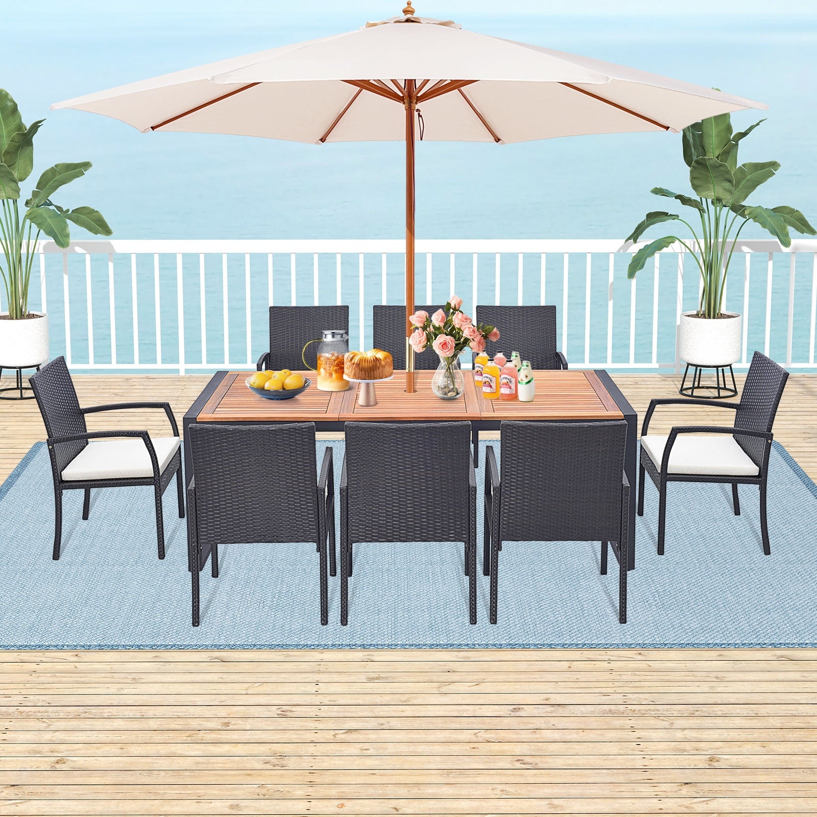9 Pieces Patio Rattan Dining Set with Acacia Wood Table for Backyard Garden-L-shaped Handrail, Brown Patio Furniture Sets at Gallery Canada