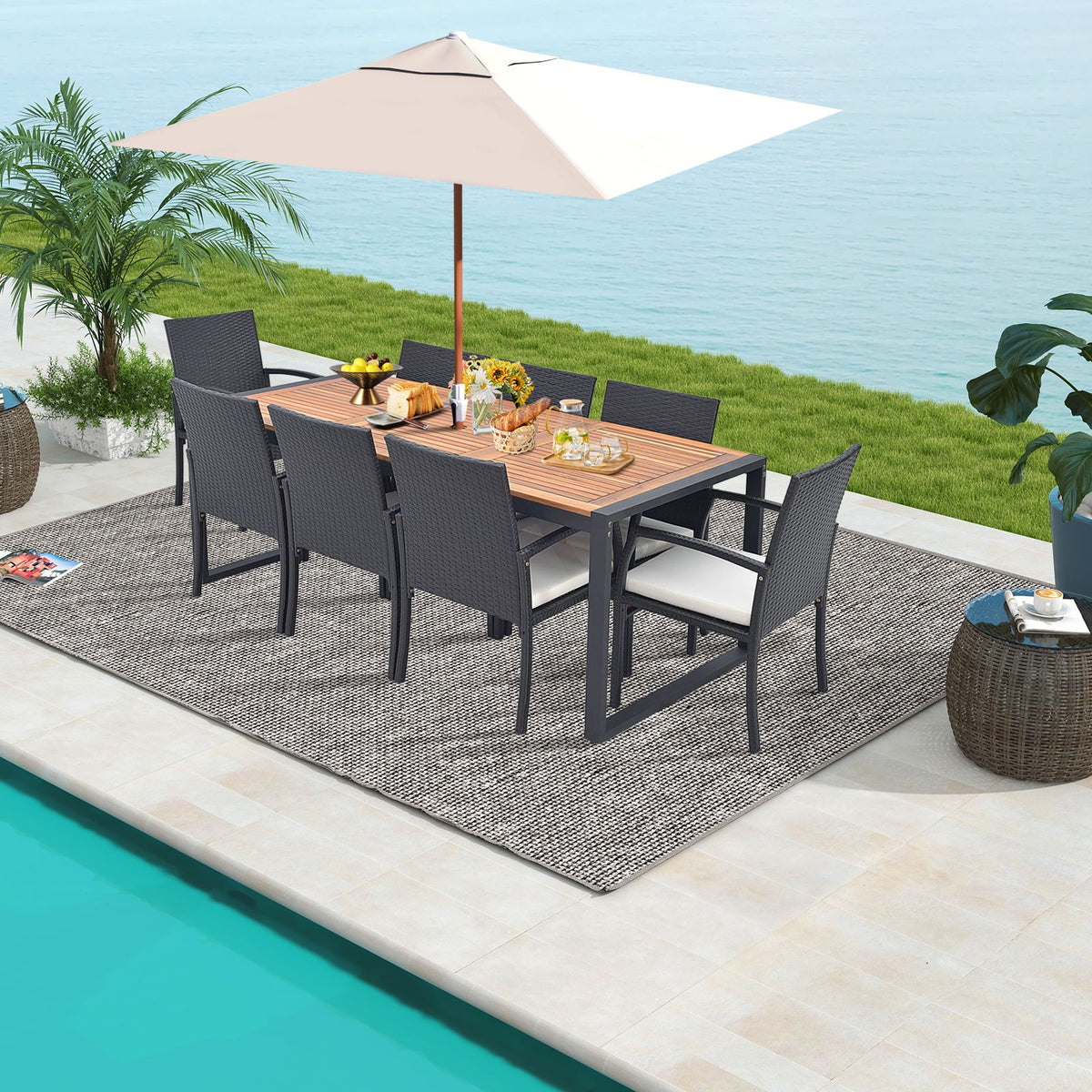 9 Pieces Patio Rattan Dining Set with Acacia Wood Table for Backyard Garden-L-shaped Handrail, Brown Patio Furniture Sets at Gallery Canada