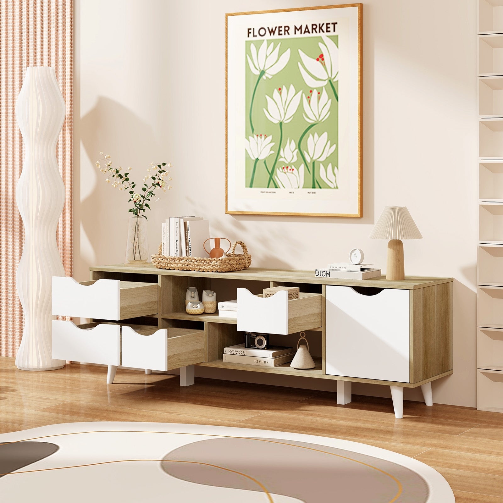 TV Stand For 55” TVs, Oak Cabinet With 4 Drawers, 2 Shelves Entertainment Centers & TV Stands at Gallery Canada