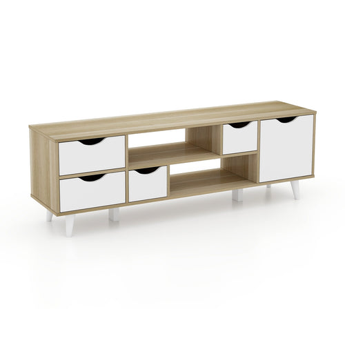 TV Stand For 55” TVs, Oak Cabinet With 4 Drawers, 2 Shelves