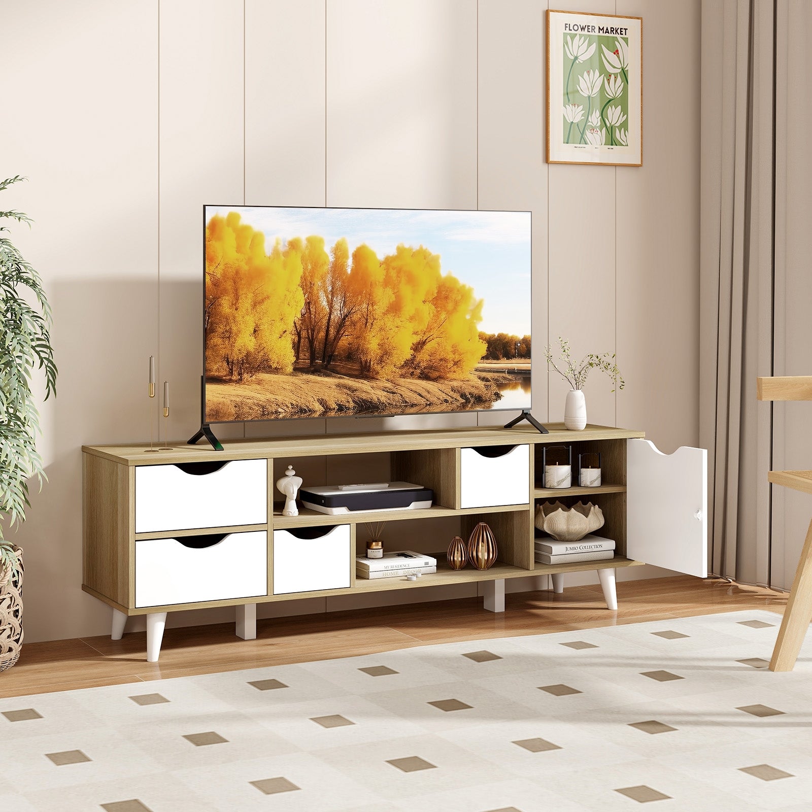 TV Stand For 55” TVs, Oak Cabinet With 4 Drawers, 2 Shelves Entertainment Centers & TV Stands at Gallery Canada