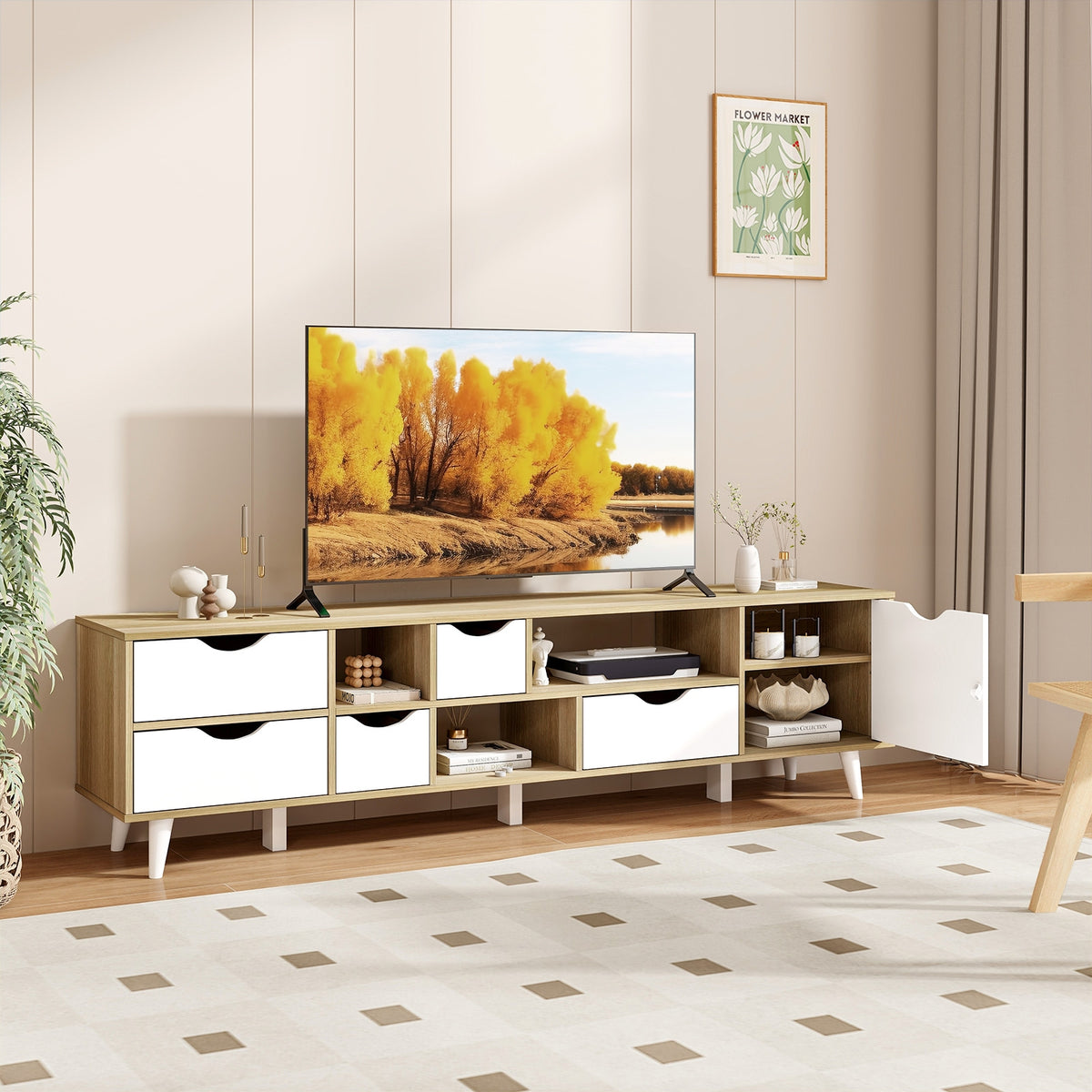 TV Stand For 65” TVs, Oak Cabinet With 5 Drawers, 3 Shelves Entertainment Centers & TV Stands at Gallery Canada