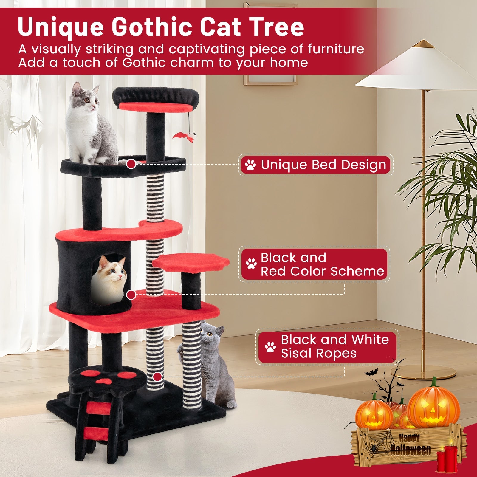 Gothic Cat Tree With Bed, Condo, Sisal Scratching Post, Red, Black Cat Trees Condos & Scratchers at Gallery Canada