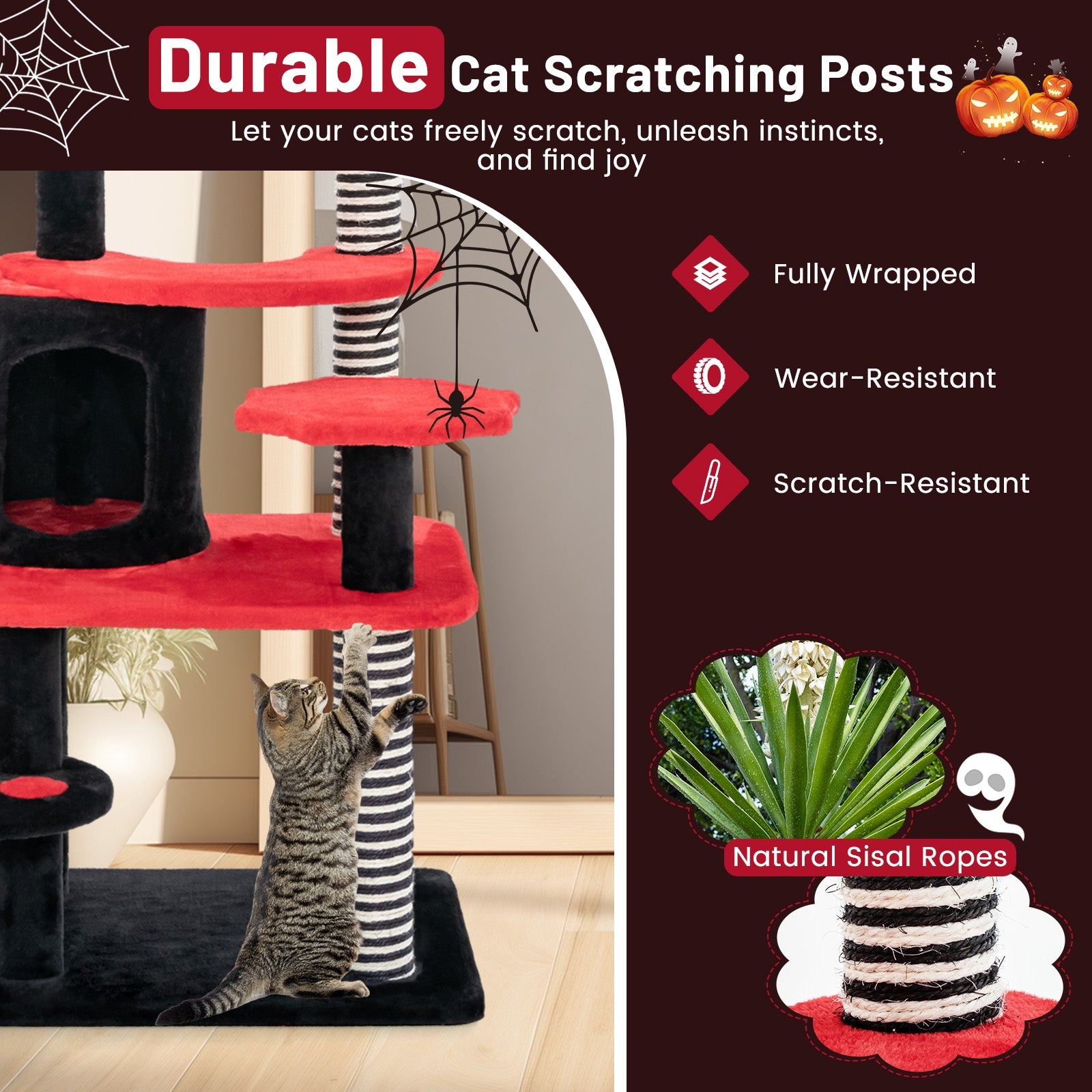 Gothic Cat Tree With Bed, Condo, Sisal Scratching Post, Red, Black Cat Trees Condos & Scratchers at Gallery Canada