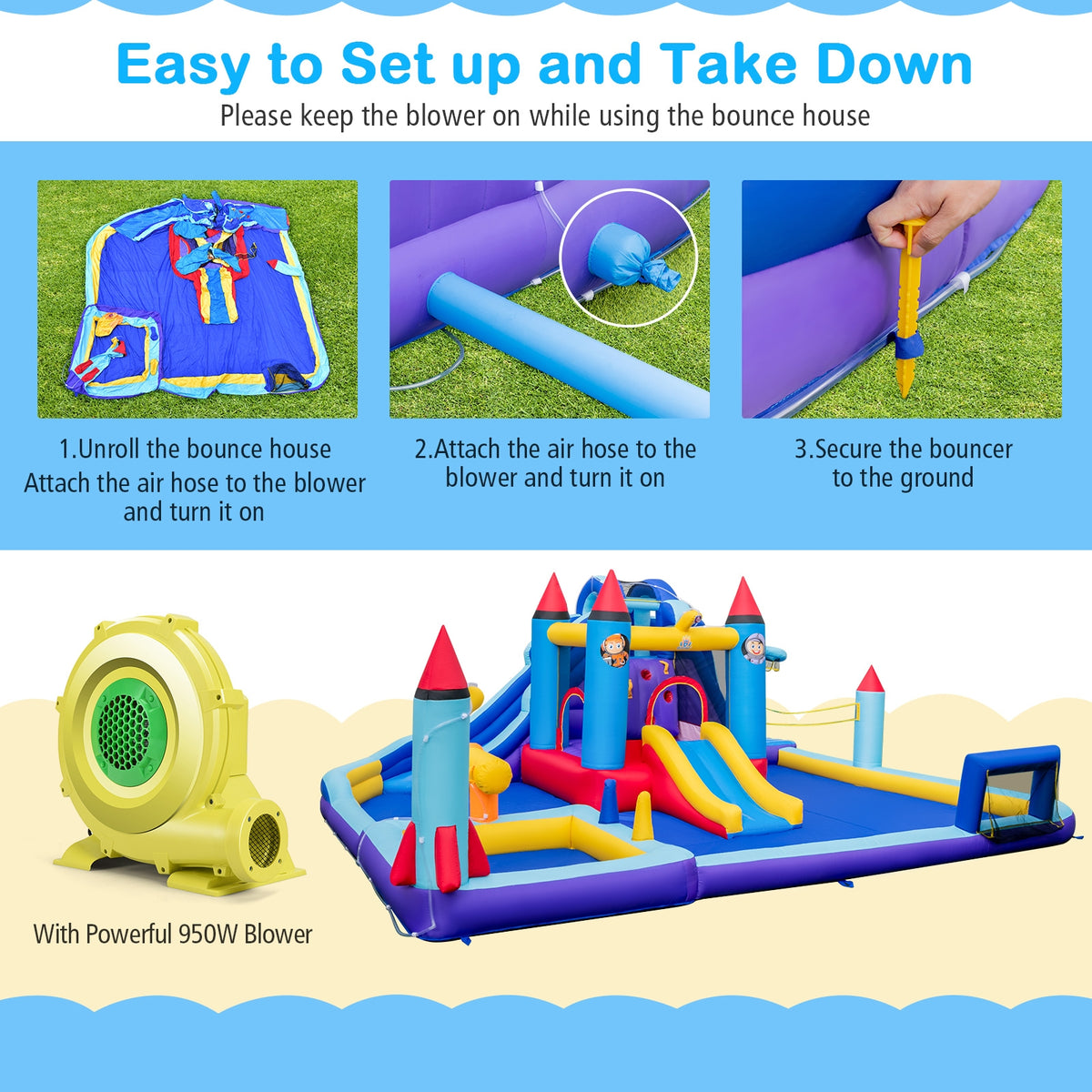Inflatable Water Slide Park, 950W Blower, Blue Bounce House at Gallery Canada