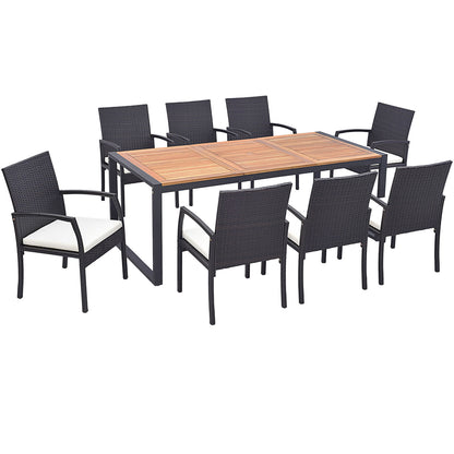 9 Pieces Patio Rattan Dining Set with Acacia Wood Table for Backyard Garden-L-shaped Handrail, Brown Patio Furniture Sets at Gallery Canada