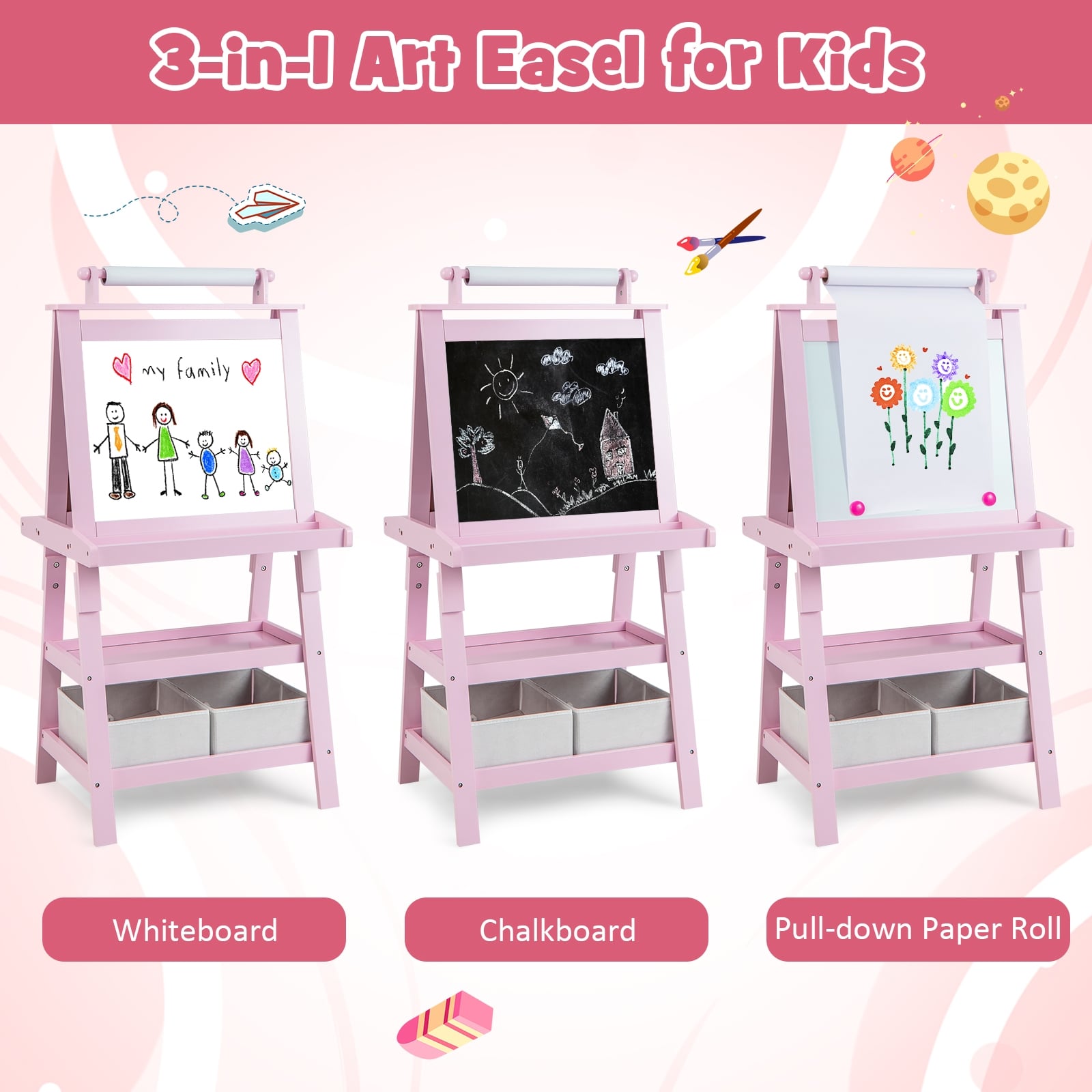 3-In-1 Double-Sided Storage Art Easel, Pink Art Easels at Gallery Canada
