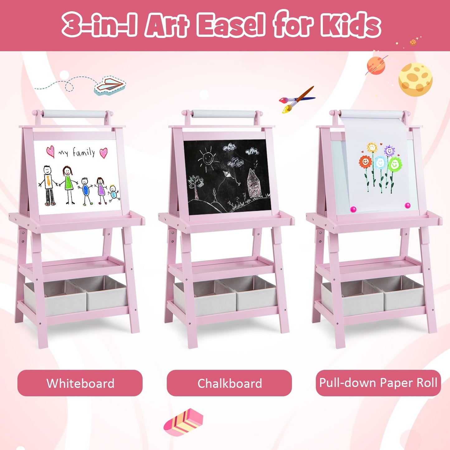3-In-1 Double-Sided Storage Art Easel, Pink Art Easels at Gallery Canada