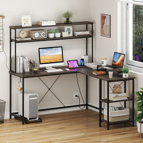 L-Shaped Reversible Gaming Desk, LED Strip, Power Outlets, Gray