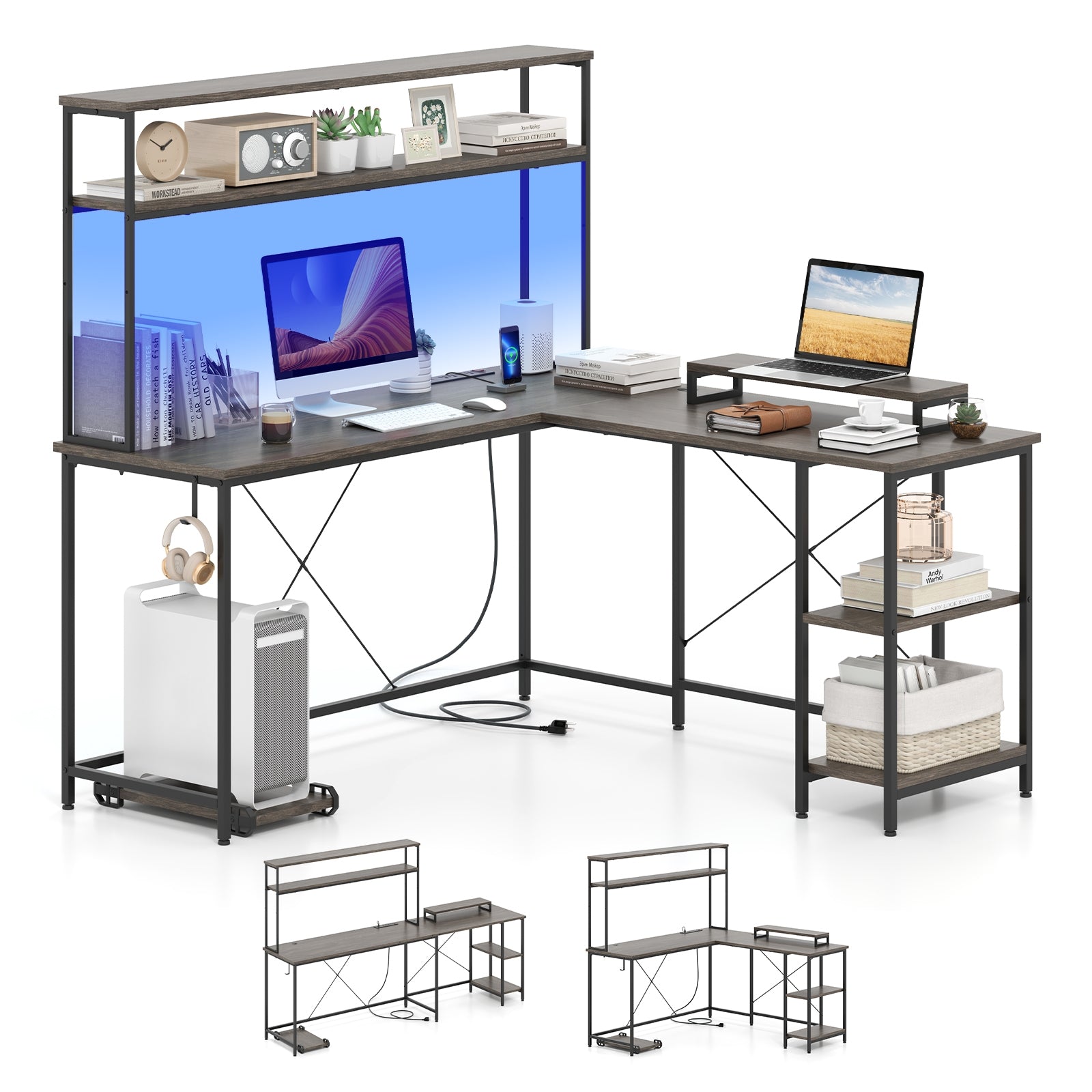 L-Shaped Reversible Gaming Desk, LED Strip, Power Outlets, Gray L-Shaped Desks Gray at Gallery Canada