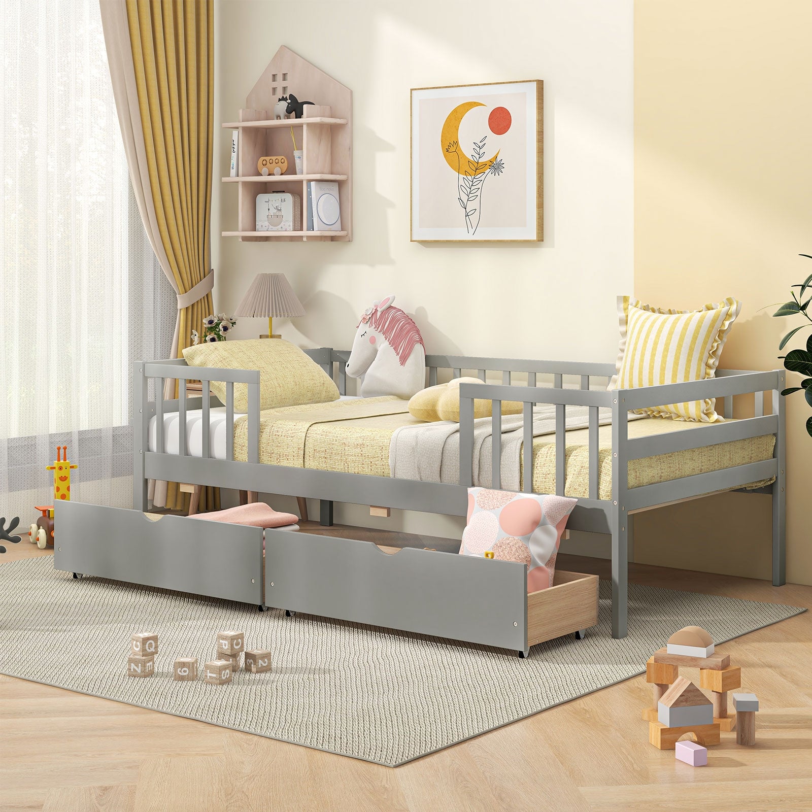 Twin Daybed With Fence And 2 Drawers, Gray Trundle Bed Frame at Gallery Canada