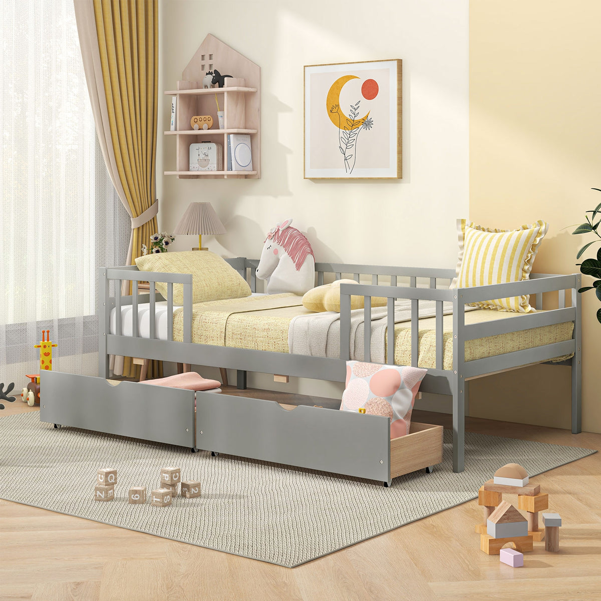 Twin Daybed With Fence And 2 Drawers, Gray Trundle Bed Frame at Gallery Canada