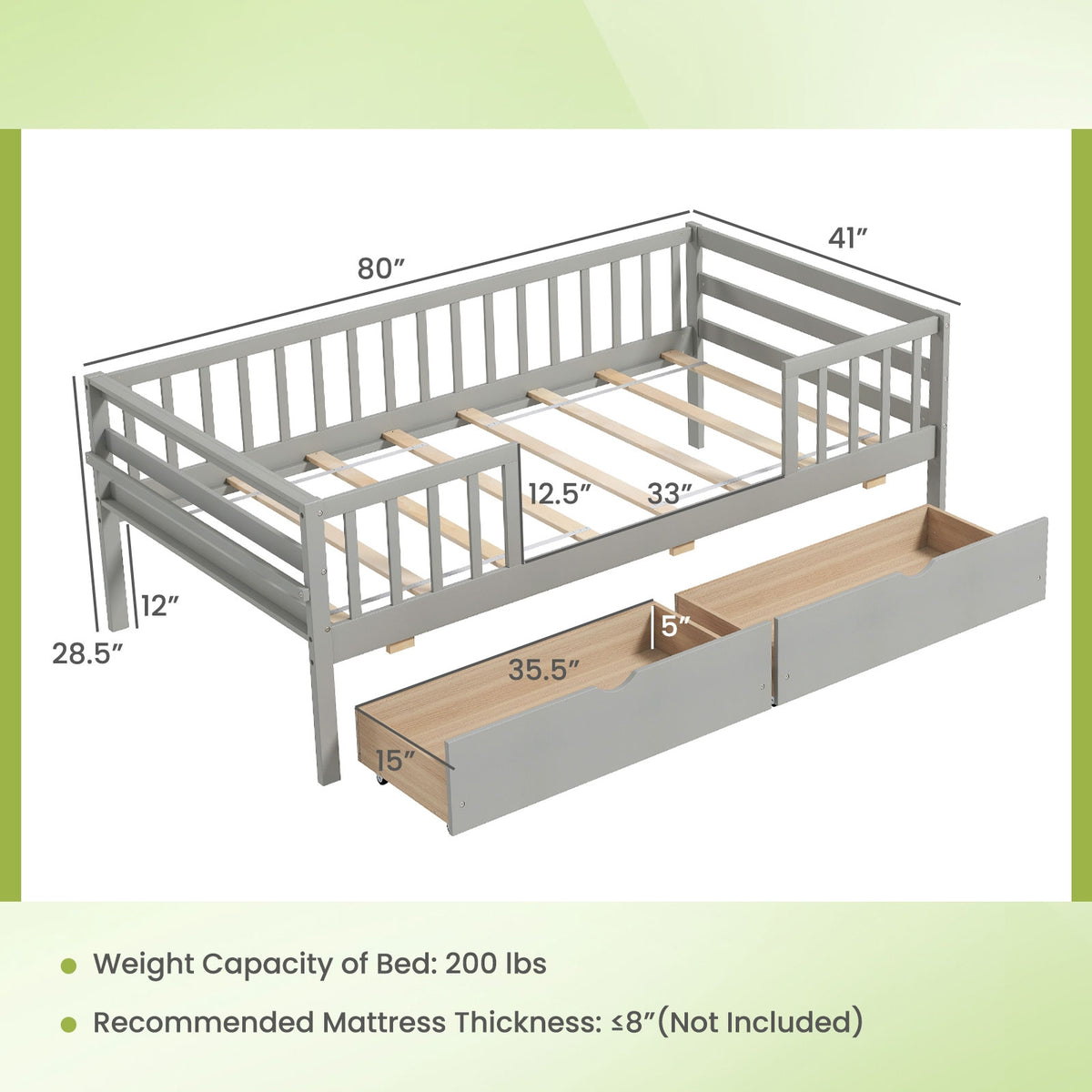 Twin Daybed With Fence And 2 Drawers, Gray Trundle Bed Frame at Gallery Canada