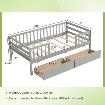 Twin Daybed With Fence And 2 Drawers, Gray Trundle Bed Frame at Gallery Canada