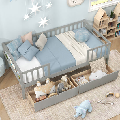 Twin Daybed With Fence And 2 Drawers, Gray Trundle Bed Frame at Gallery Canada