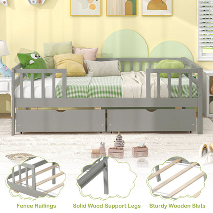 Twin Daybed With Fence And 2 Drawers, Gray Trundle Bed Frame at Gallery Canada