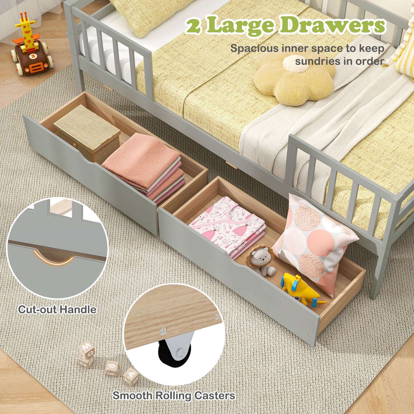 Twin Daybed With Fence And 2 Drawers, Gray Trundle Bed Frame at Gallery Canada