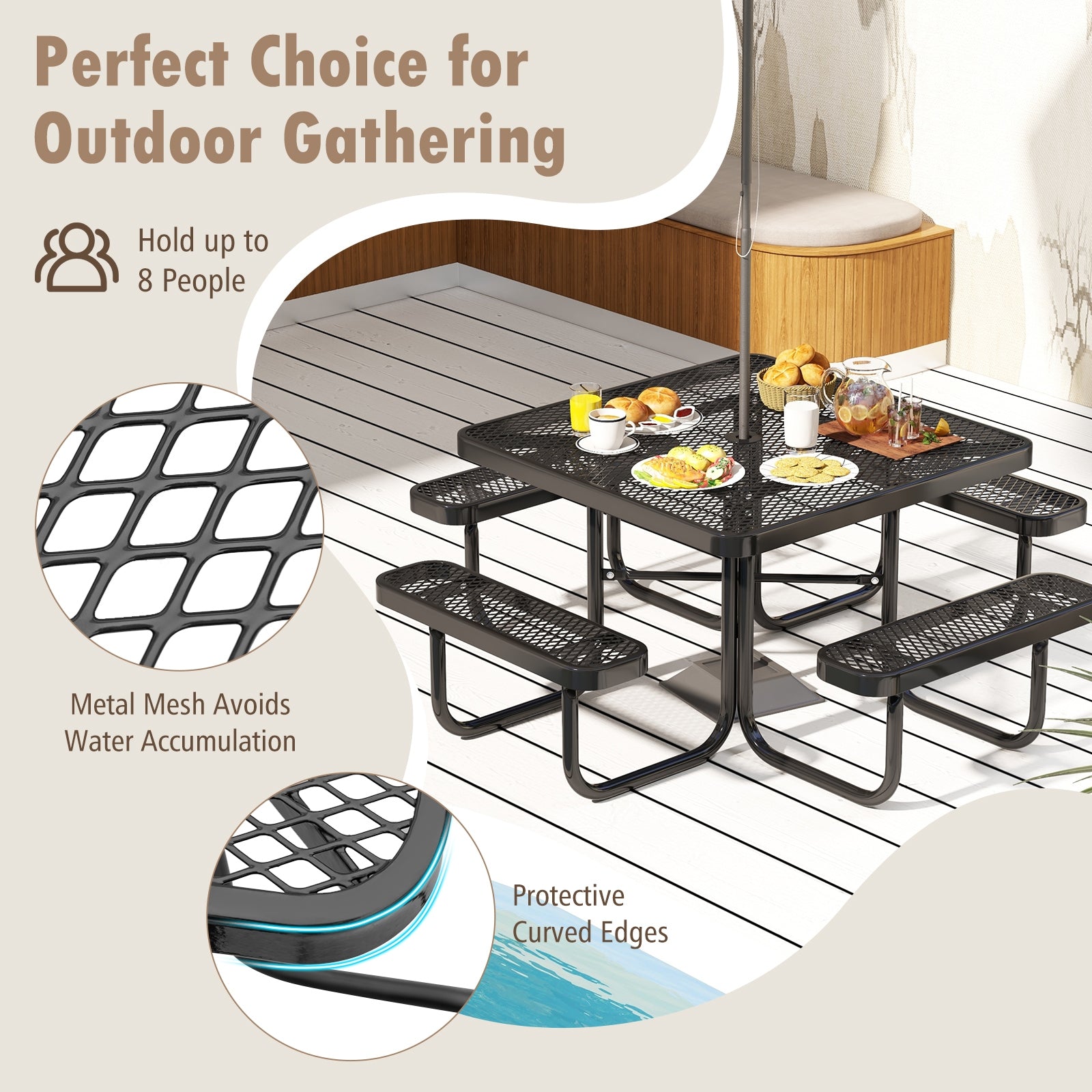 Square Picnic Table And Bench For 8 Person, Black Picnic Tables at Gallery Canada