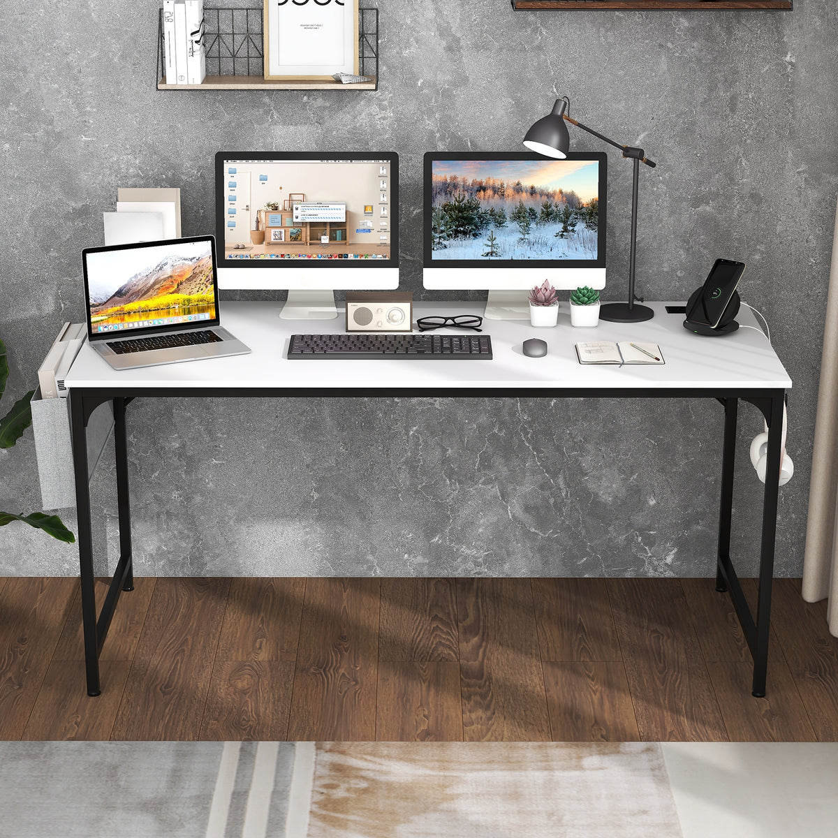 60 Inch Computer Desk With Charging Station, Storage Bag, White Computer Desks at Gallery Canada