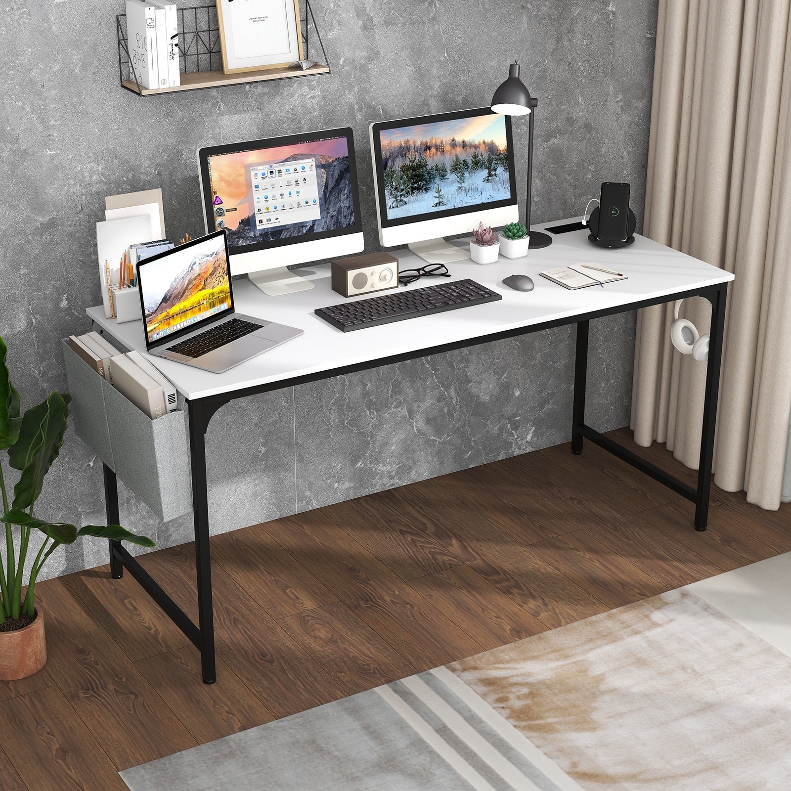 60 Inch Computer Desk With Charging Station, Storage Bag, White Computer Desks at Gallery Canada