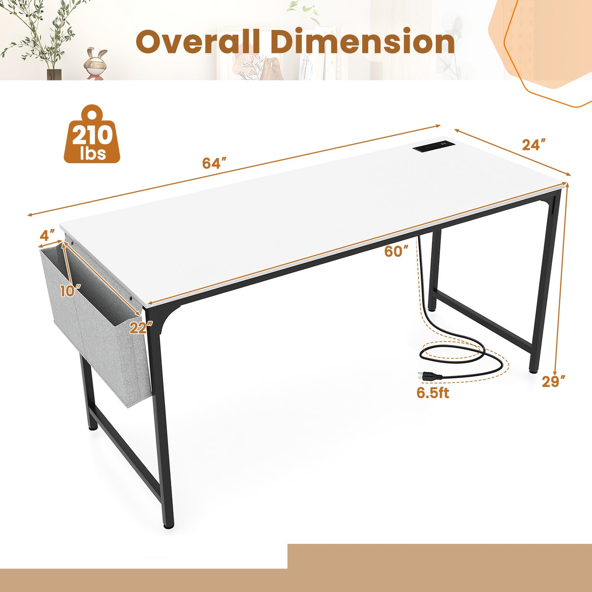 60 Inch Computer Desk With Charging Station, Storage Bag, White Computer Desks at Gallery Canada