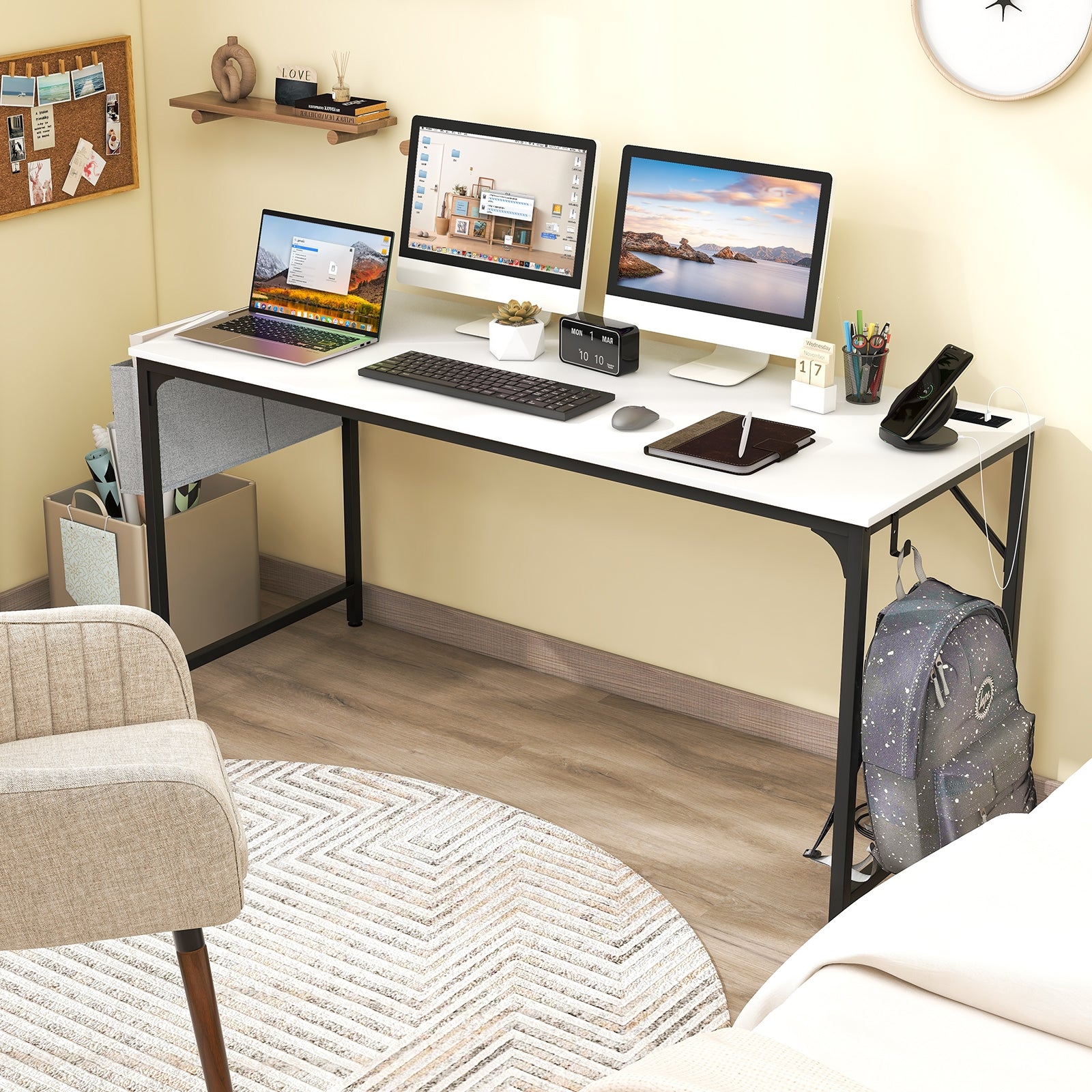 60 Inch Computer Desk With Charging Station, Storage Bag, White Computer Desks at Gallery Canada
