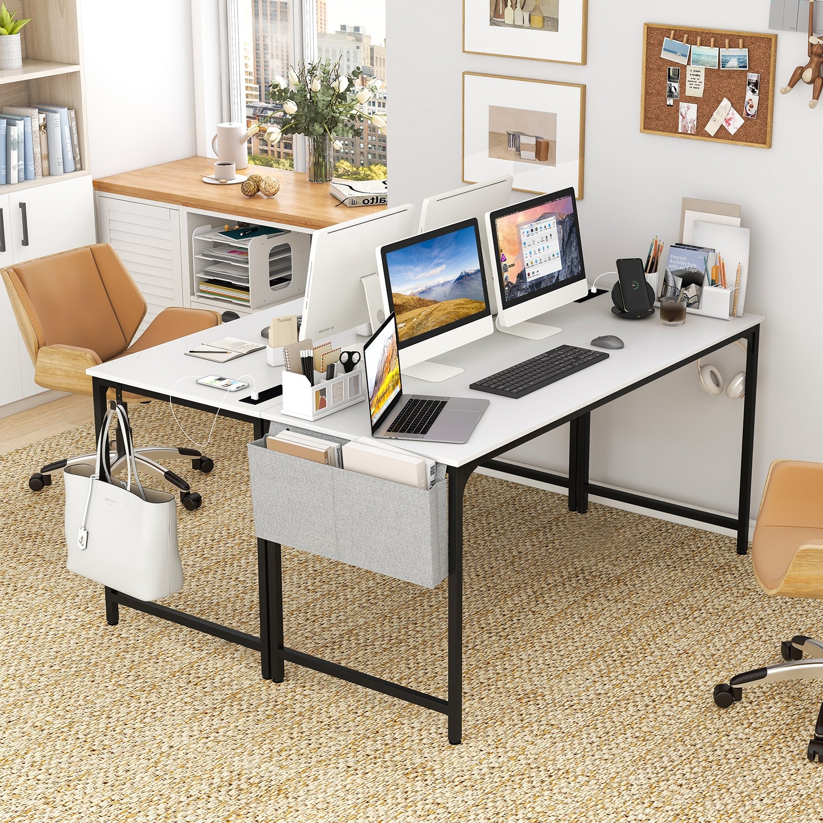 60 Inch Computer Desk With Charging Station, Storage Bag, White Computer Desks at Gallery Canada