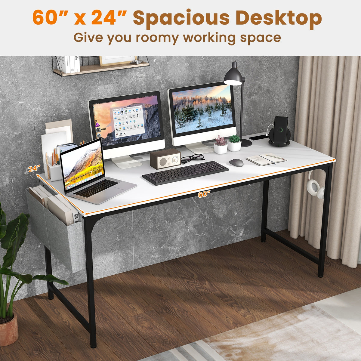 60 Inch Computer Desk With Charging Station, Storage Bag, White Computer Desks at Gallery Canada