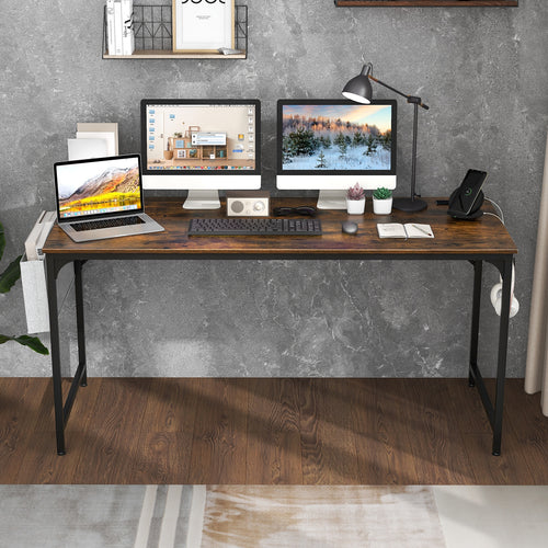 60 Inch Computer Desk With Charging Station, Rustic Brown